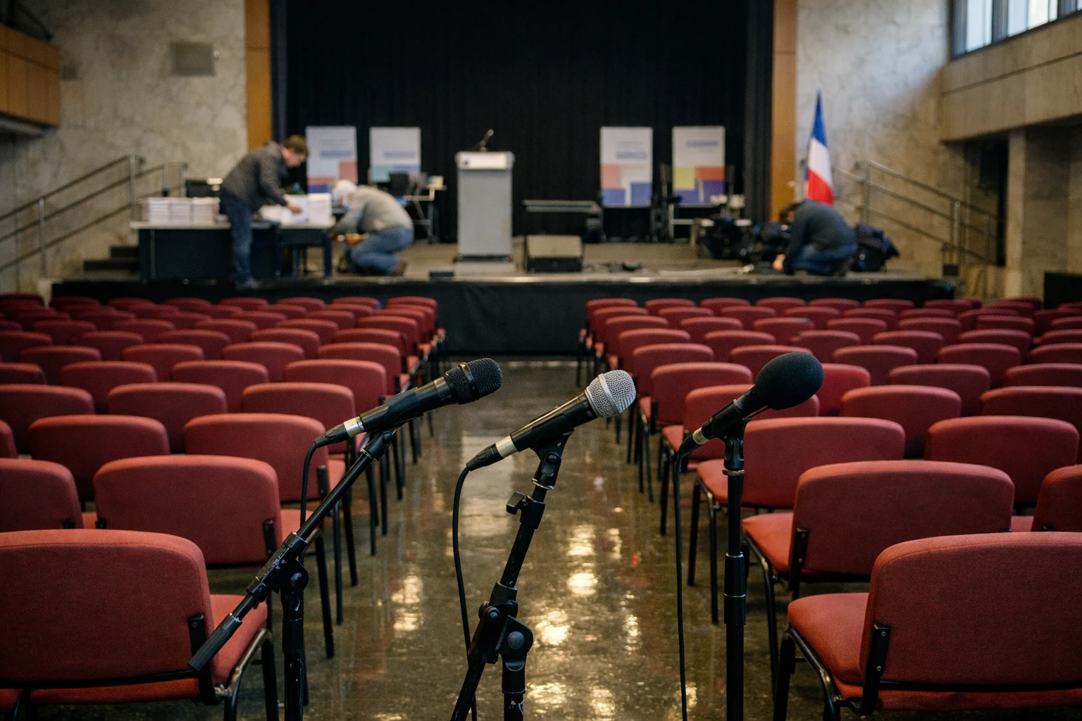 Salle de congrès à Reims en préparation d’un meeting politique, avec rangées de sièges, micros et drapeau tricolore discret.