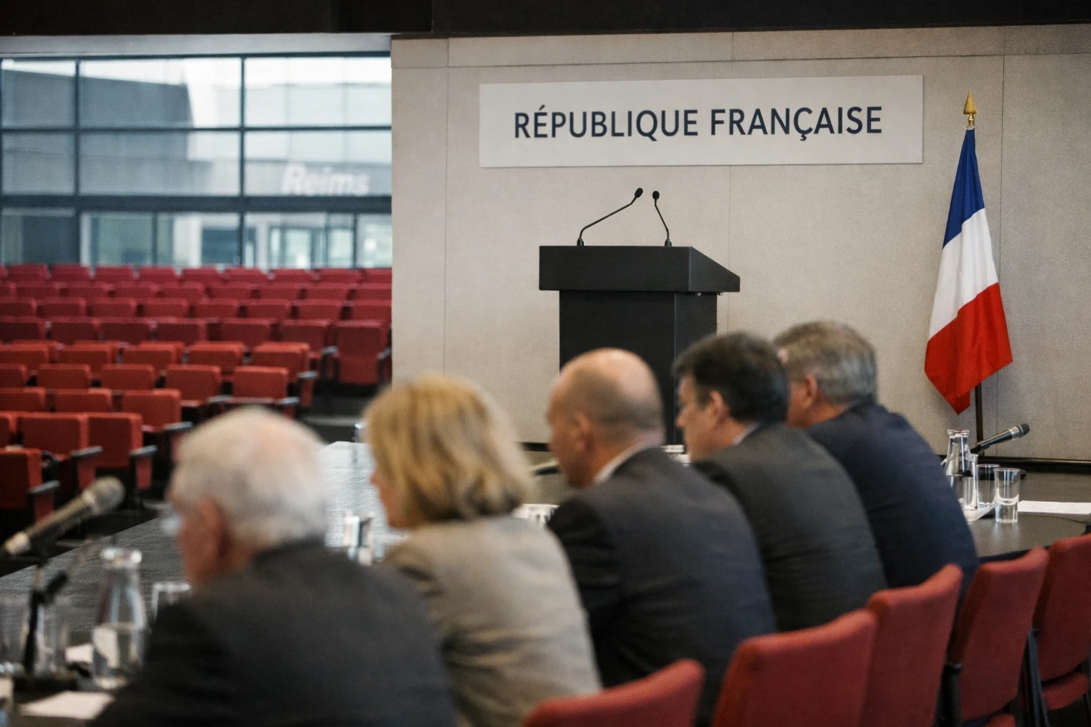 Réunion politique à Reims dans une salle de congrès, avec pupitre vide, micros et drapeau tricolore discret en arrière-plan.