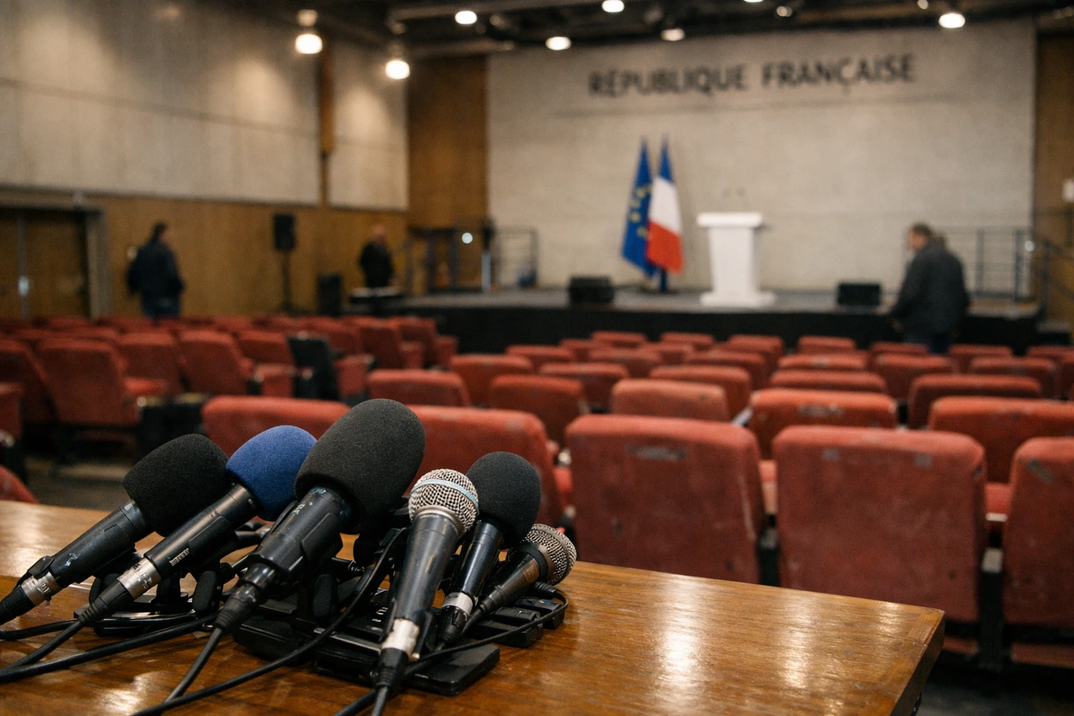 Salle de réunion politique française avec pupitre vide, micros de presse et rangées de sièges rouges à Reims