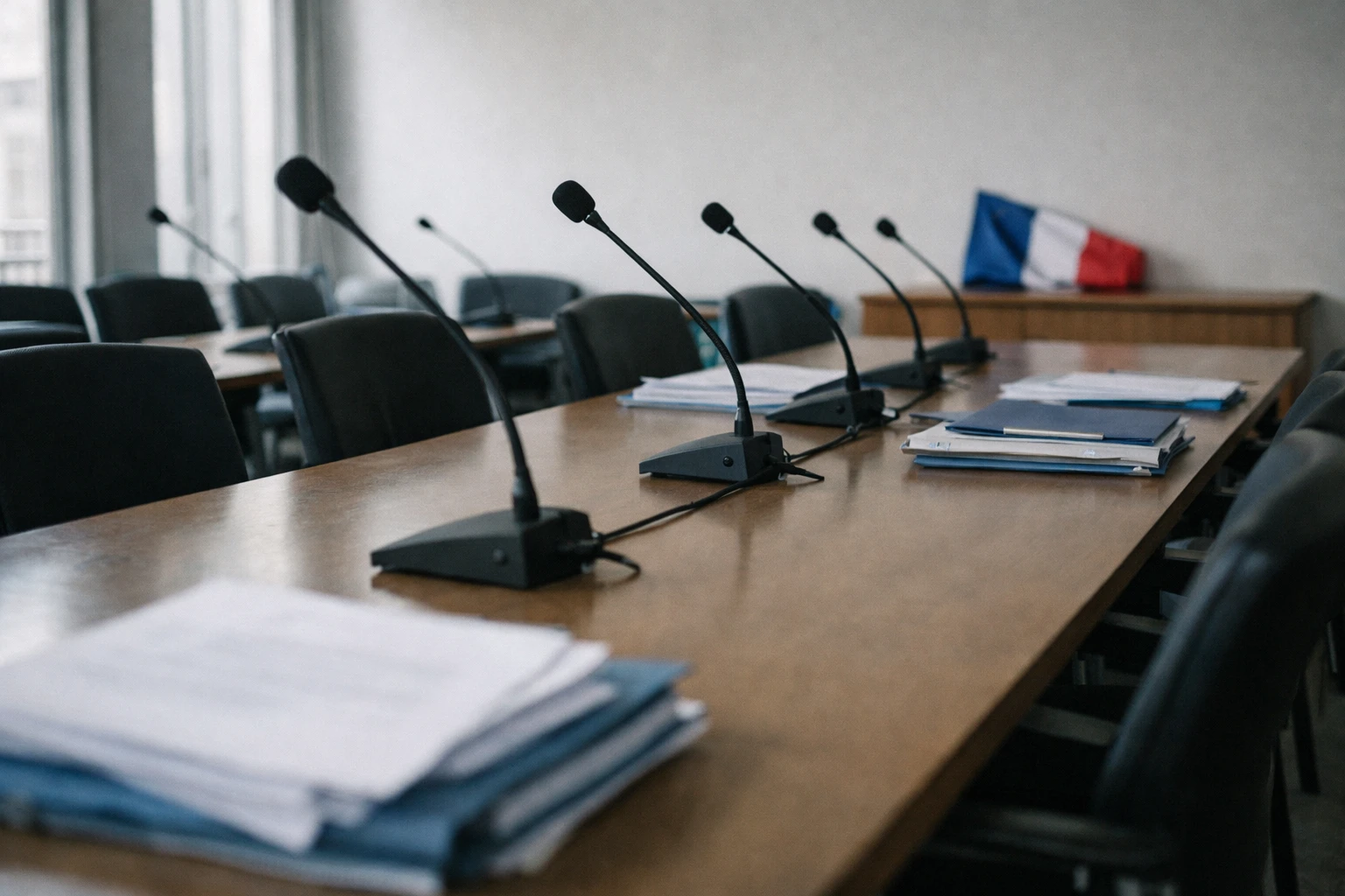 Salle de réunion politique vide à Paris avec micros, dossiers flous et drapeau tricolore discret