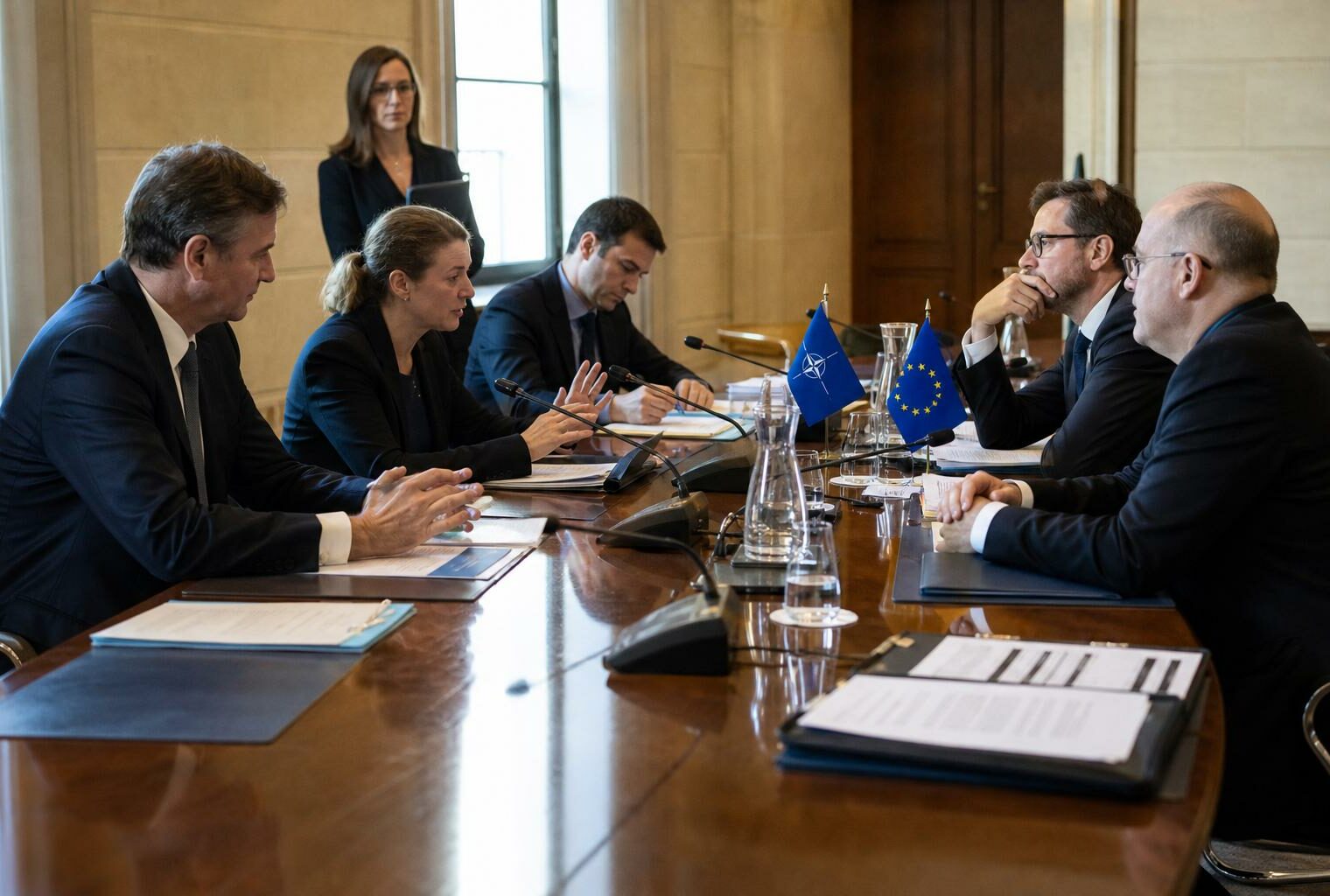 Réunion diplomatique à huis clos autour d’une table, avec ministres et drapeaux miniatures de l’OTAN et de l’UE.