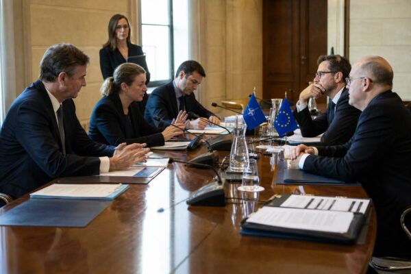 Réunion diplomatique à huis clos autour d’une table, avec ministres et drapeaux miniatures de l’OTAN et de l’UE.