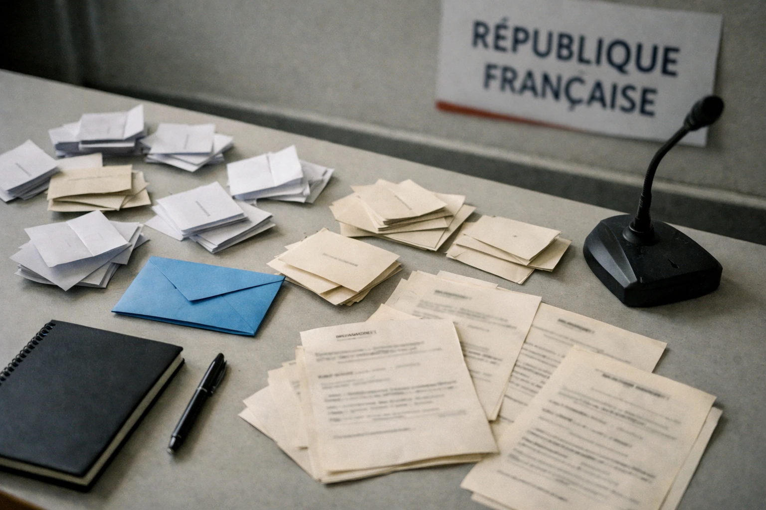 Vue de dessus d’un bureau de vote interne dans un parti politique français, avec bulletins, enveloppe et documents flous.