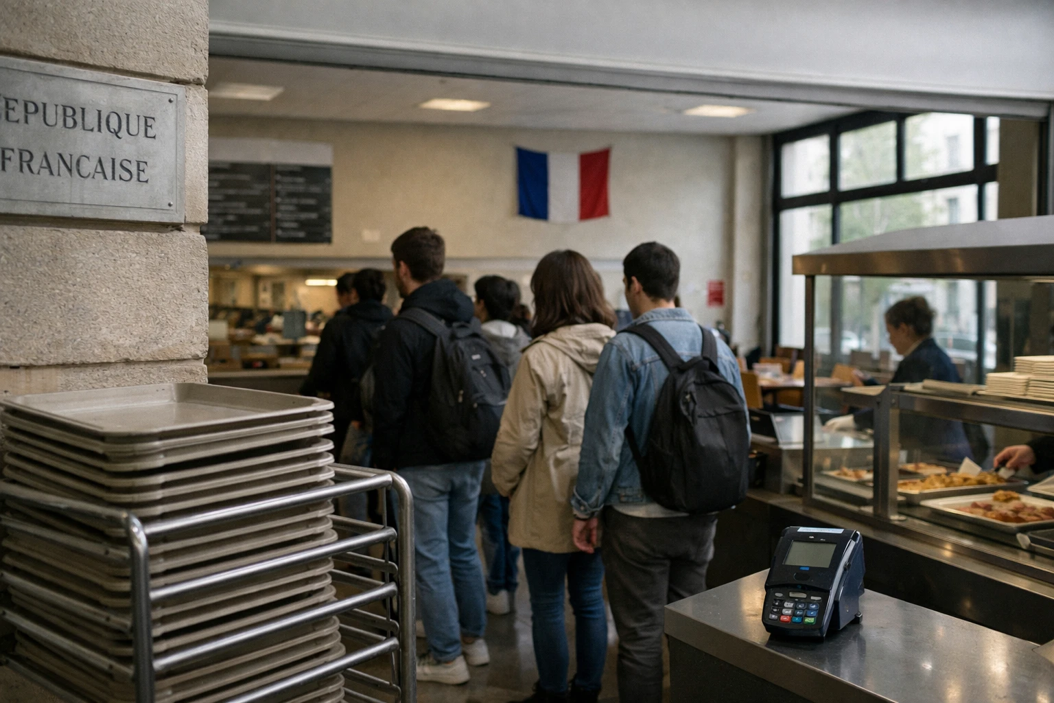 File d’étudiants devant un restaurant universitaire français, avec comptoir de service et ambiance calme de midi.