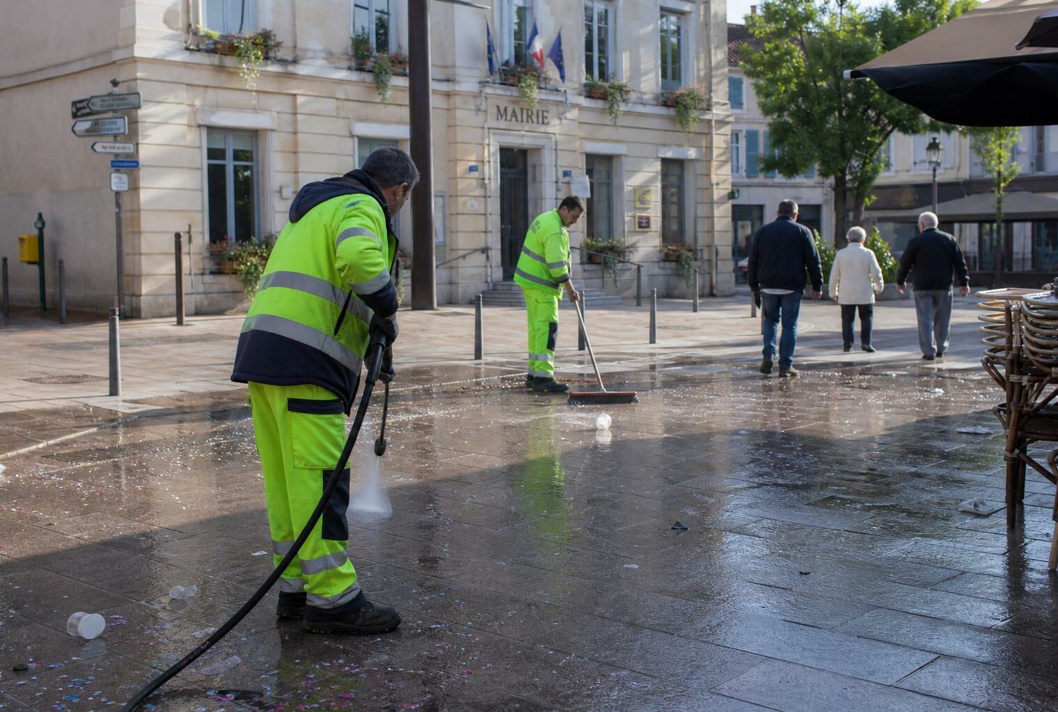 Rue de ville française près d’une mairie, avec agents municipaux nettoyant les traces d’une célébration sportive.