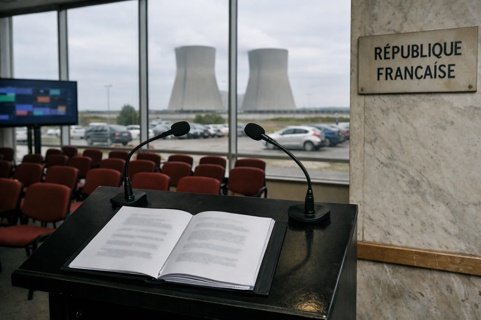 Salle de presse institutionnelle française avec pupitre, micros et centrales nucléaires en arrière-plan