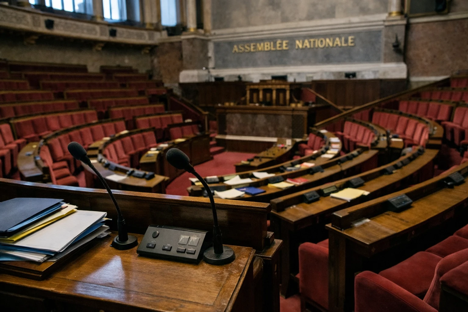 Vue oblique de l’hémicycle de l’Assemblée nationale avec sièges rouges et micros, illustrant le vote sur la rétention administrative.