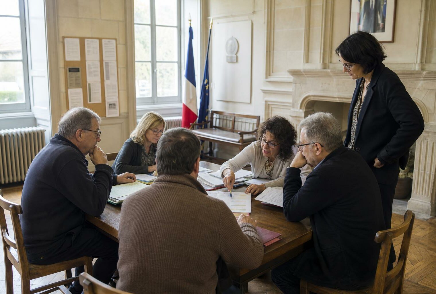 Réunion publique en mairie avec des habitants autour d’une table, sur fond de documents flous sur les retraites