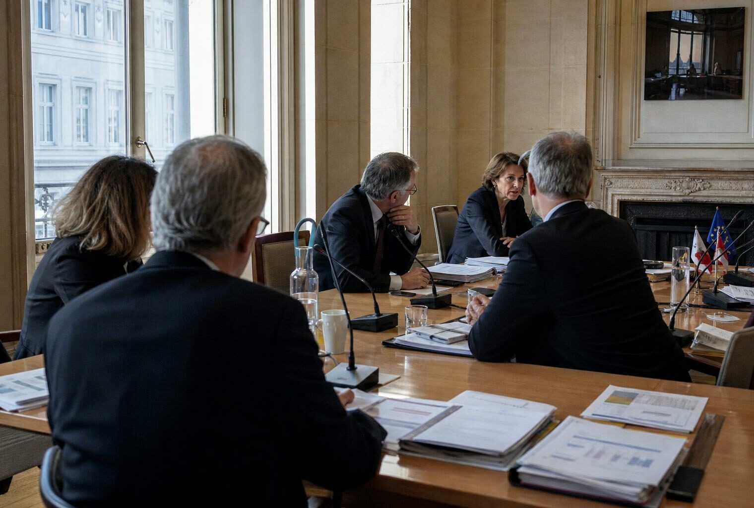 Réunion européenne sobre avec plusieurs silhouettes de dos, dossiers ouverts et drapeaux de table discrets.