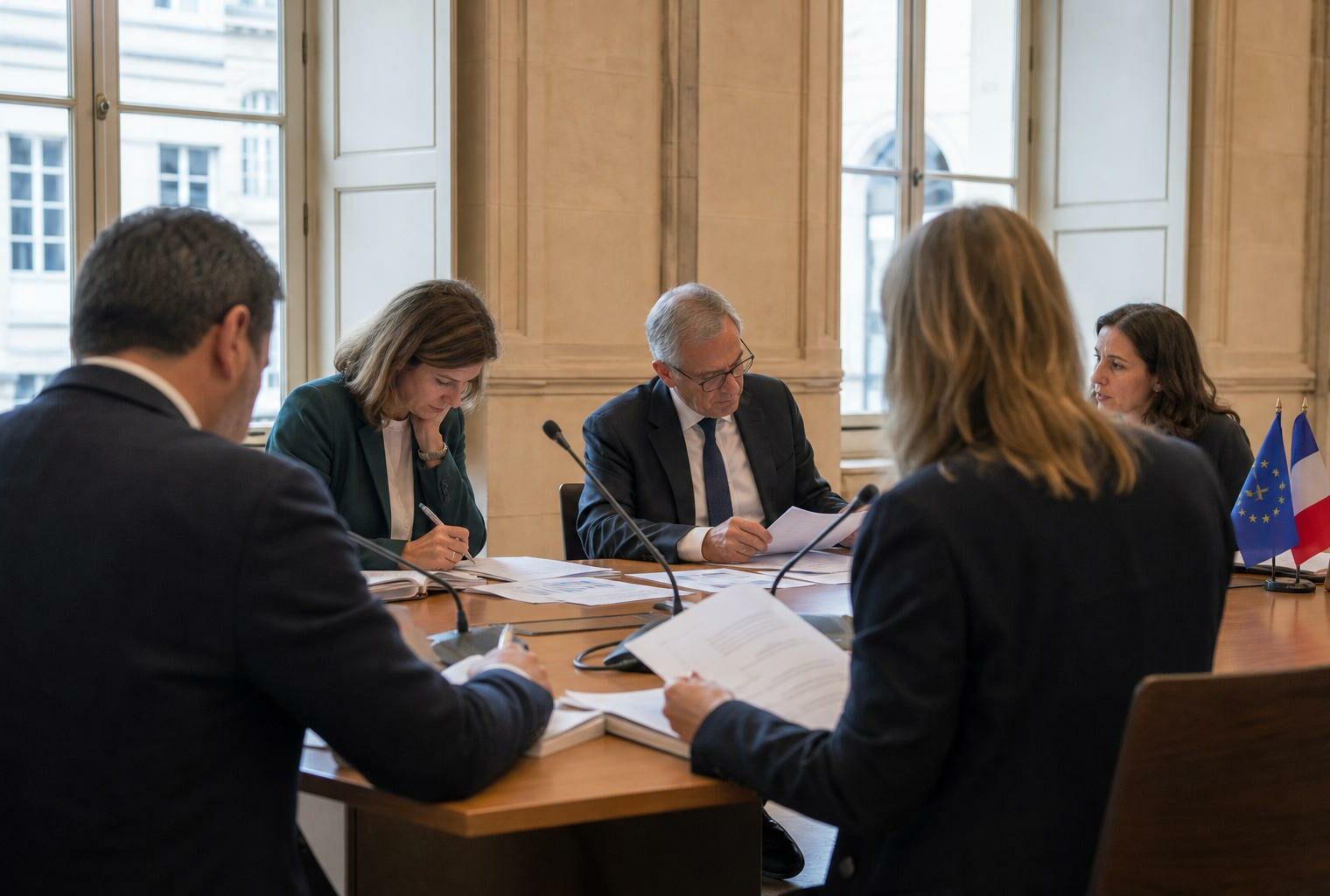 Réunion européenne sobre avec cinq silhouettes autour d’une table, dossiers et micros, lumière claire de salle institutionnelle.