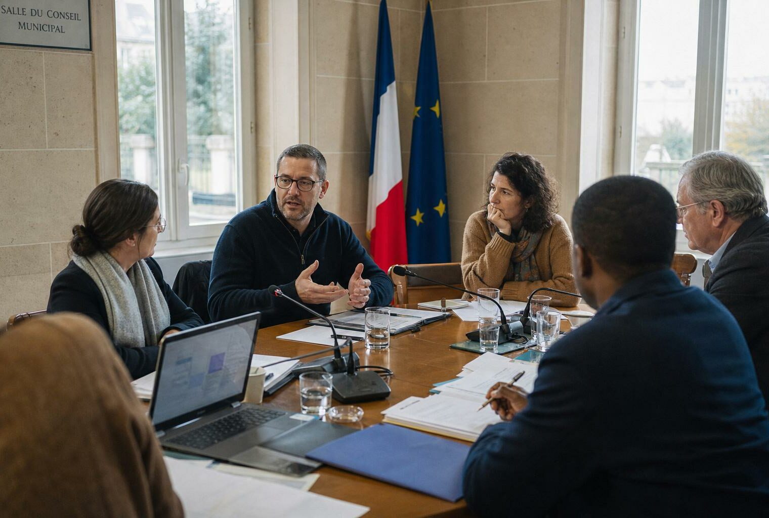Réunion sur le logement dans une mairie française, avec plusieurs participants anonymes autour d’une table et des micros de presse.