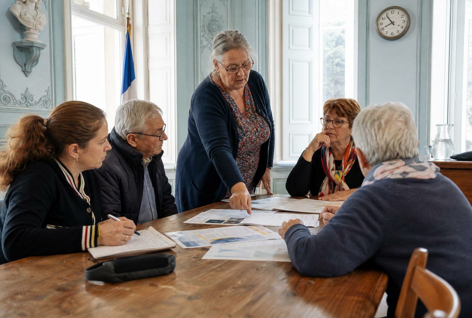 Réunion dans une mairie française autour des factures d’électricité et de la chaleur, avec cinq personnes anonymes.