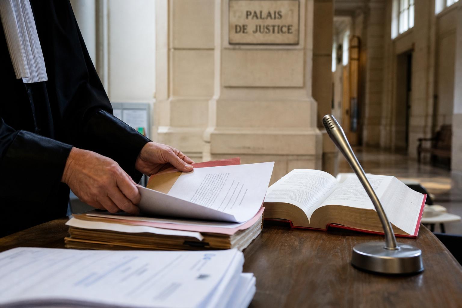 Photographie de presse d’un dossier judiciaire dans un couloir de palais de justice français, avec code ouvert et micro de conférence en ambiance éditoriale.