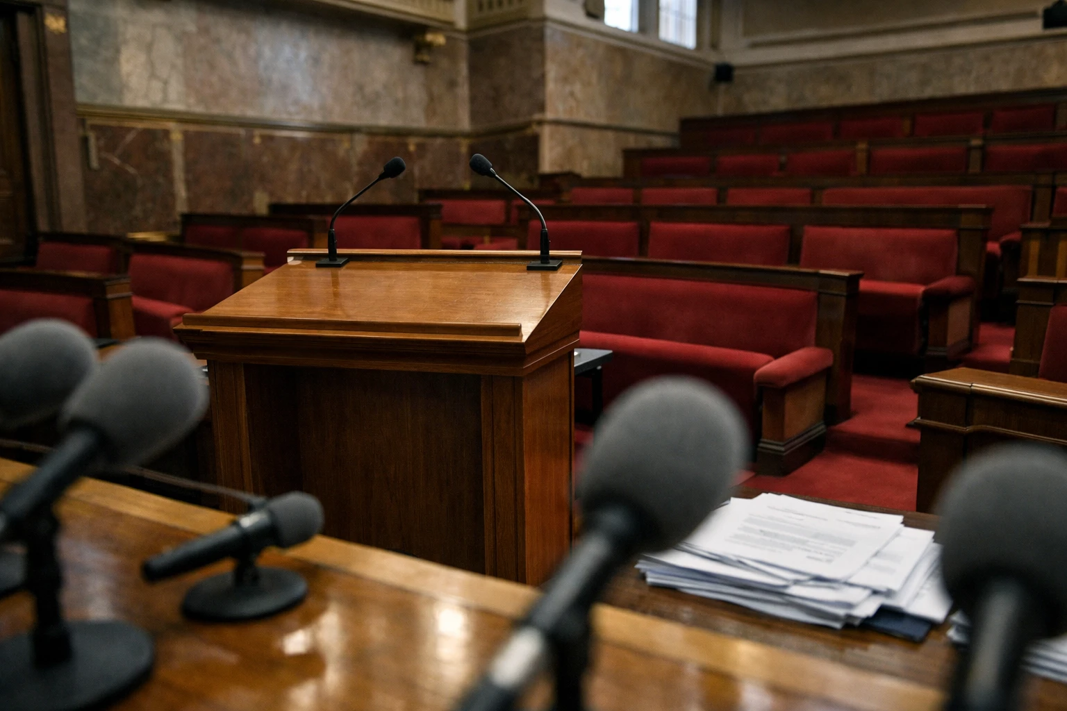 Salle de presse parlementaire vide avec pupitre, micros et rangées de sièges rouges pour illustrer les tensions à droite avant 2027.