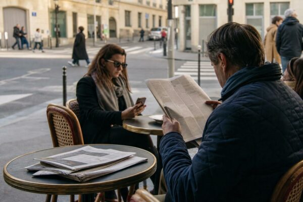 Terrasse de café française avec passants anonymes, journal plié et téléphone flou dans une ambiance de reportage.