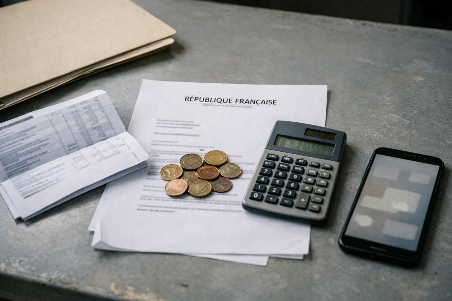 Vue en plongée d’un bureau administratif français avec lettre officielle, calculatrice et documents liés au RSA