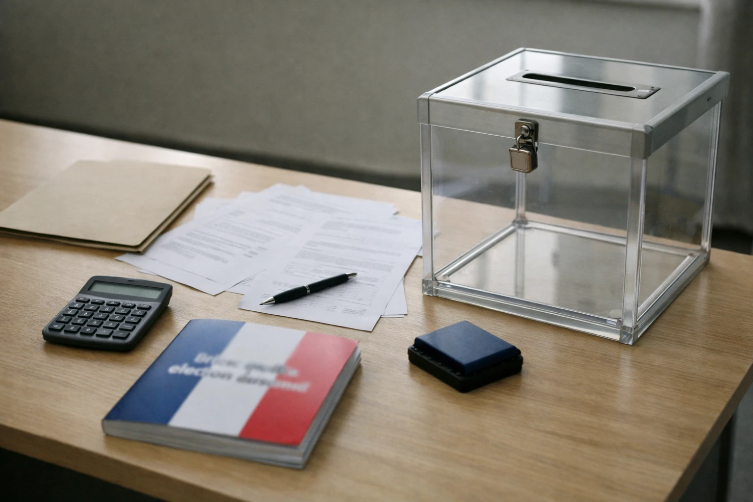 Tableau institutionnel avec urne de vote, calculatrice et documents de campagne flous sur le financement de la présidentielle du RN