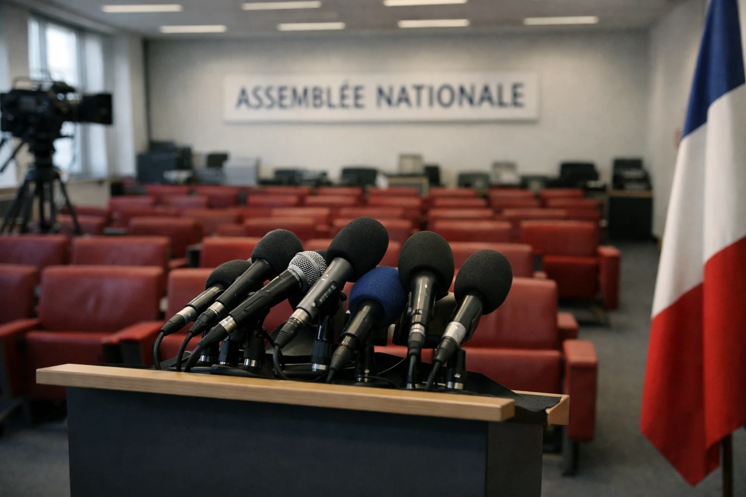 Salle de presse institutionnelle française avec micros, sièges rouges vides et drapeau tricolore partiel