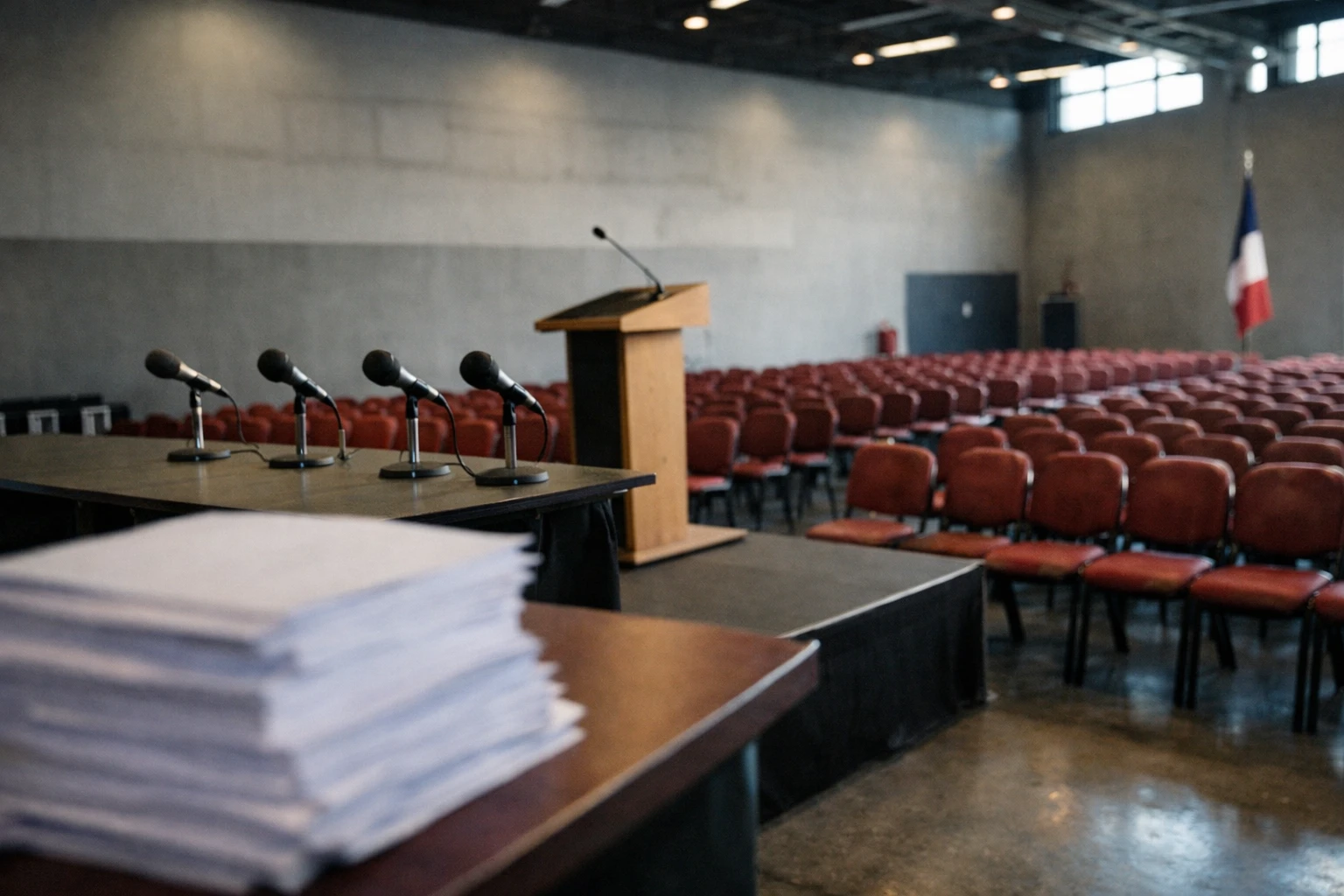 Salle de congrès politique vide à Orléans avec rangées de sièges rouges, pupitre et drapeau tricolore discret au fond