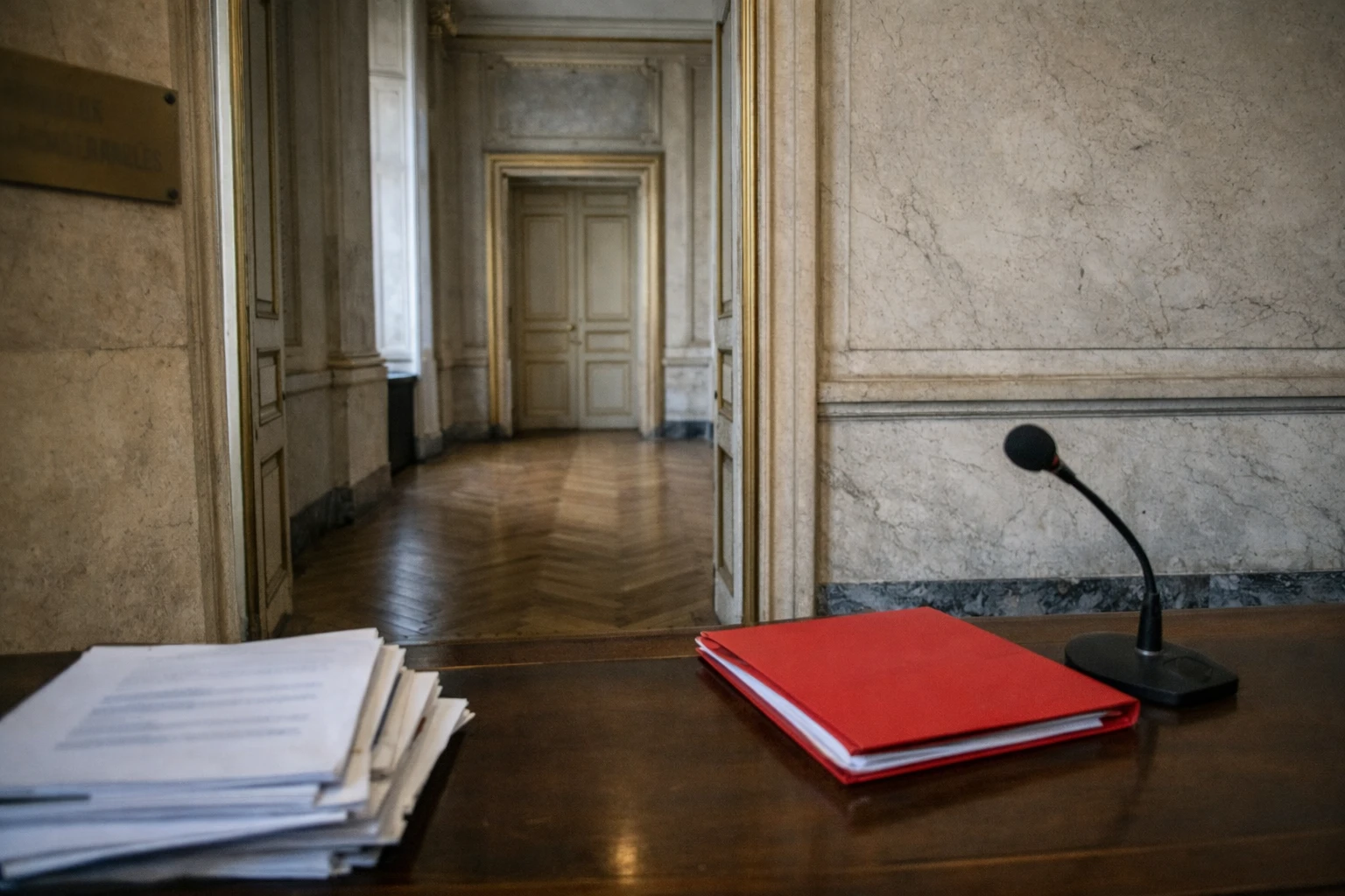 Couloir institutionnel français vide avec dossier fermé et microphone de presse, illustrant le flou de la ligne internationale du RN.