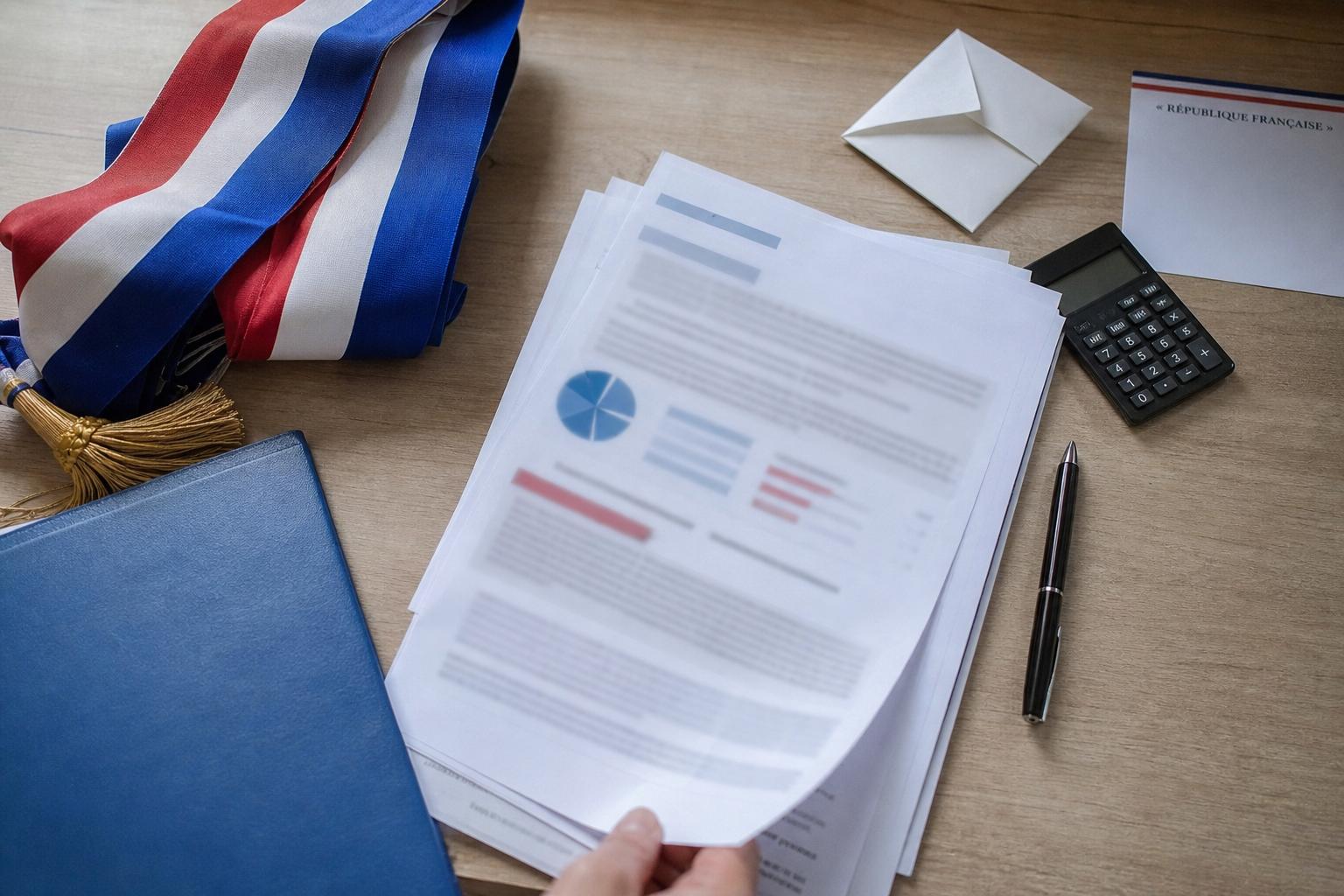 Vue de bureau avec dossiers et documents de campagne, évoquant un programme présidentiel en préparation