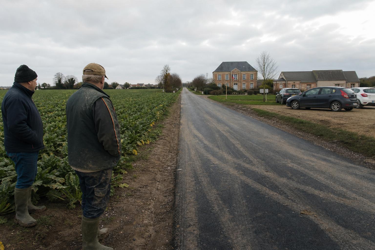 Scène photojournalistique dans l’Oise avec route rurale, champs de betteraves et mairie de petite commune en arrière-plan.