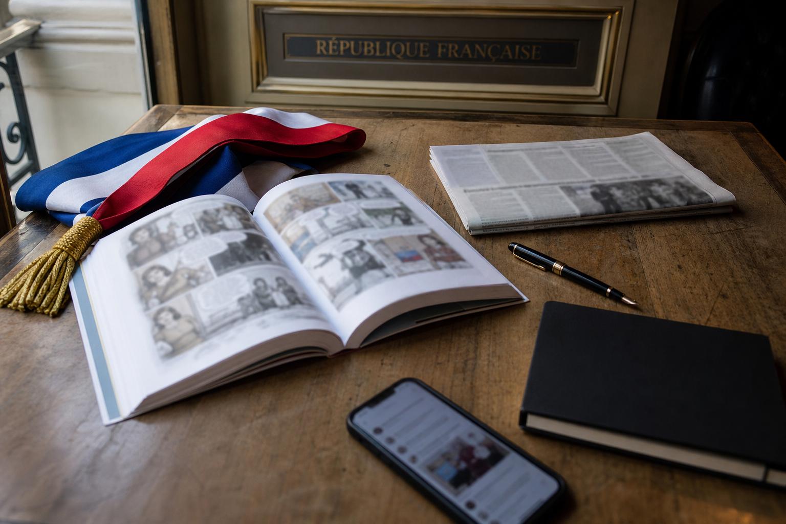 Flat lay journalistique dans un bureau parlementaire avec une BD ouverte, une écharpe tricolore et des documents flous autour de la polémique Ruffin