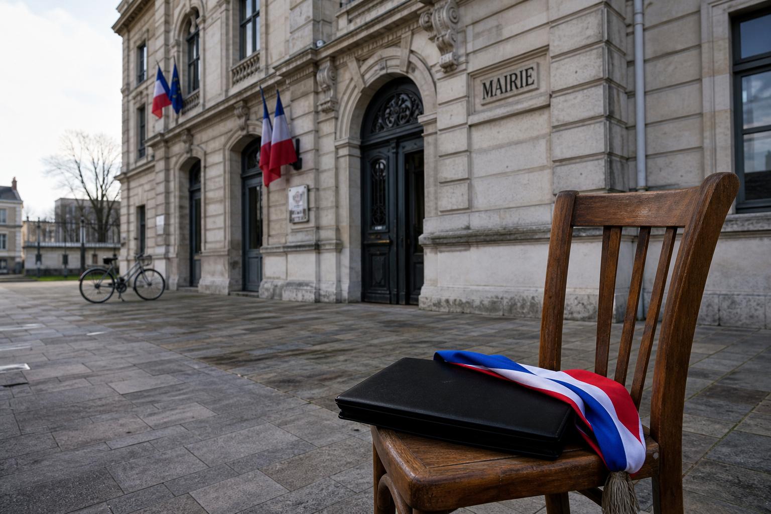 Façade de la mairie de Saint-Denis avec forecourt vide, écharpe tricolore posée et ambiance institutionnelle sobre