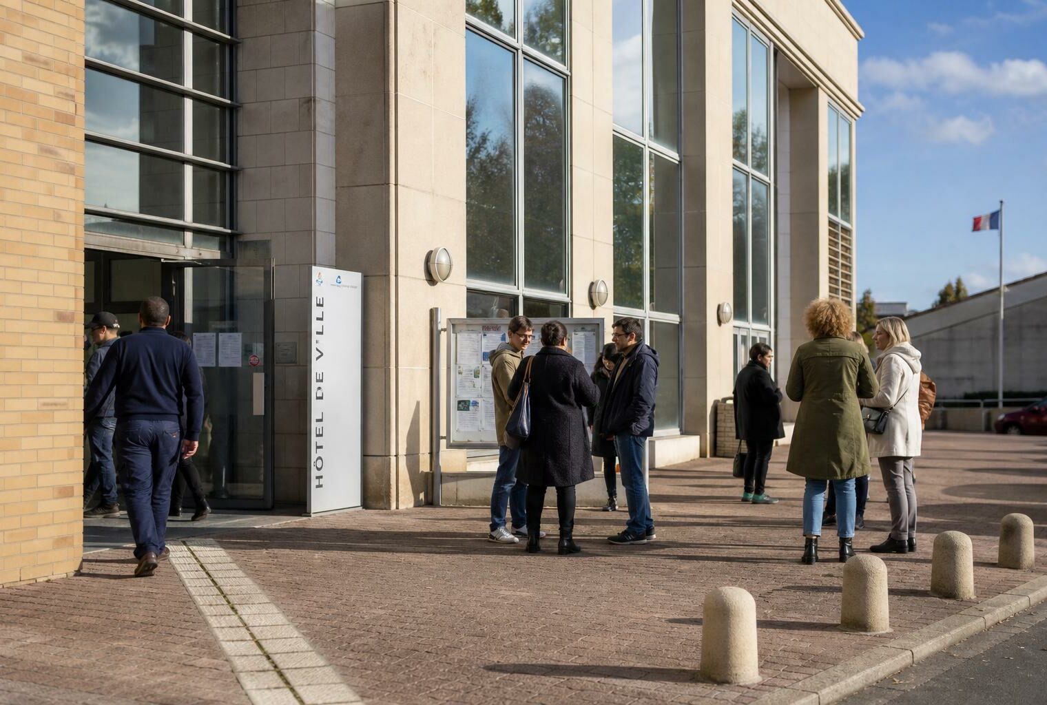Des habitants discutent devant la mairie de Saint-Denis, dans une scène de vie citoyenne locale en lumière naturelle.