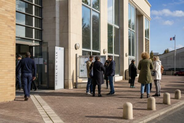 Des habitants discutent devant la mairie de Saint-Denis, dans une scène de vie citoyenne locale en lumière naturelle.