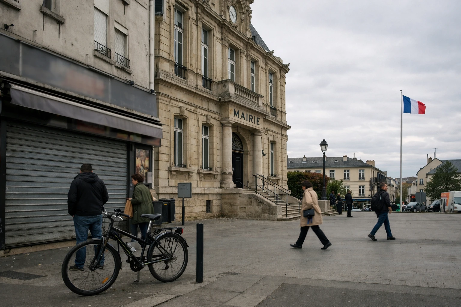 Façade de mairie à Saint-Ouen près d’un fast-food, scène urbaine éditoriale sur le débat alimentaire local