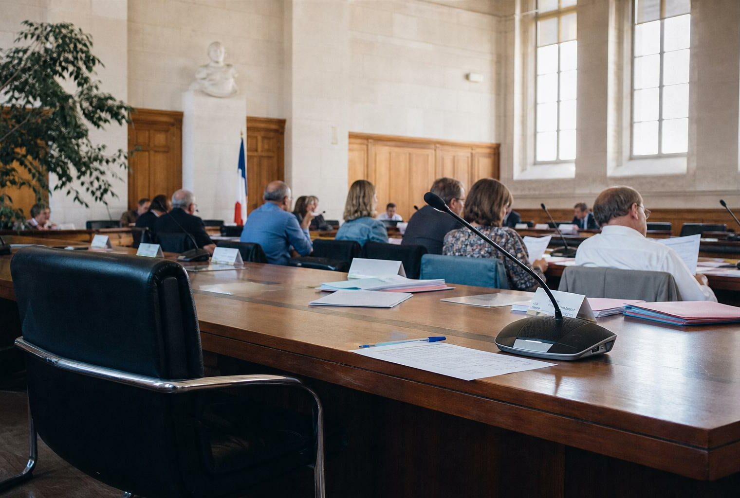Salle municipale française avec micros, dossiers et chaise vide lors d'une réunion locale liée aux sénatoriales