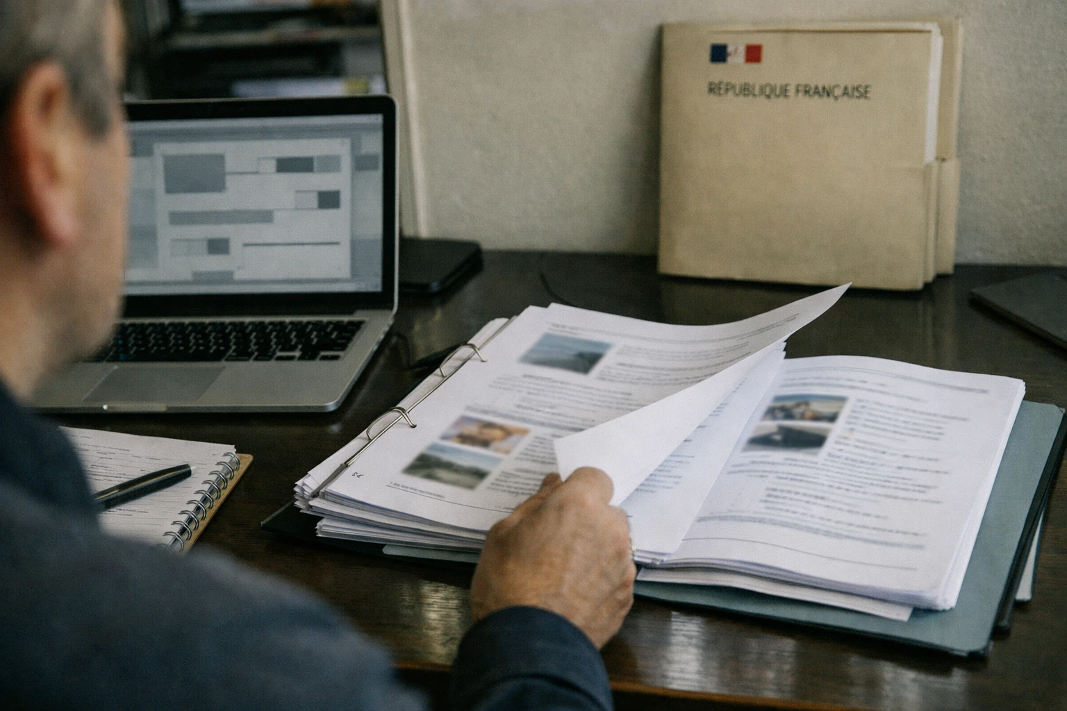Over-the-shoulder view of a producer’s desk with funding documents and a laptop, illustrating European support for the series Sambre.