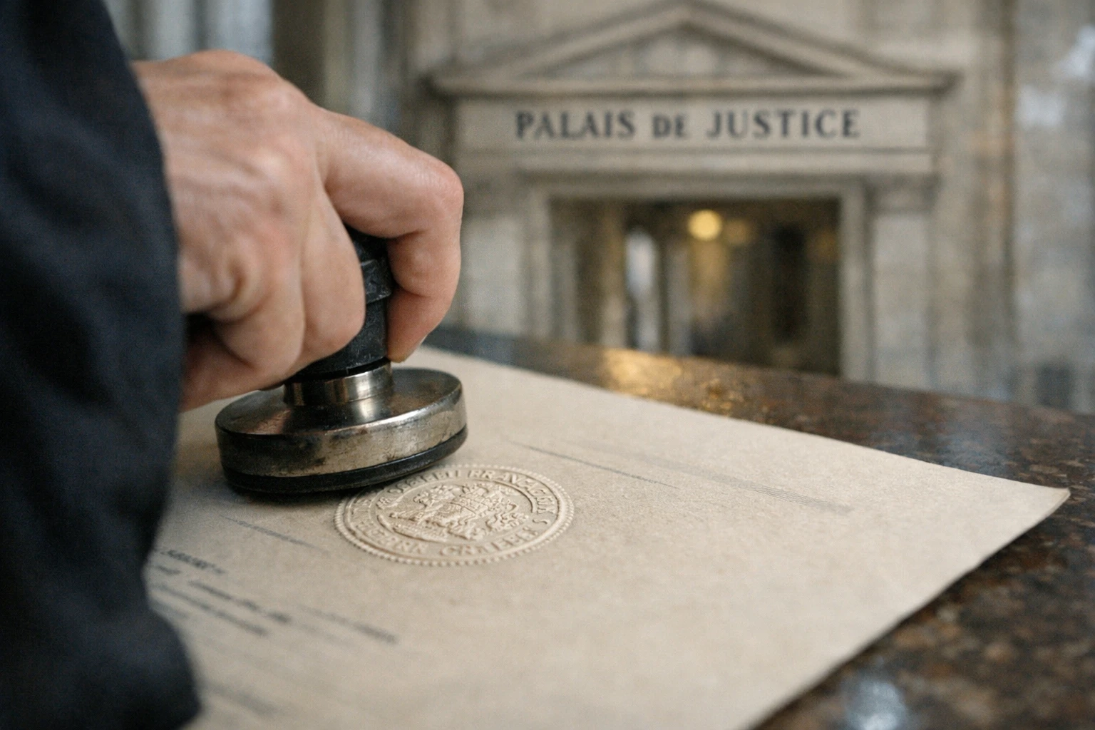 Gros plan photojournalistique dans un palais de justice parisien avec un document officiel et un cachet judiciaire