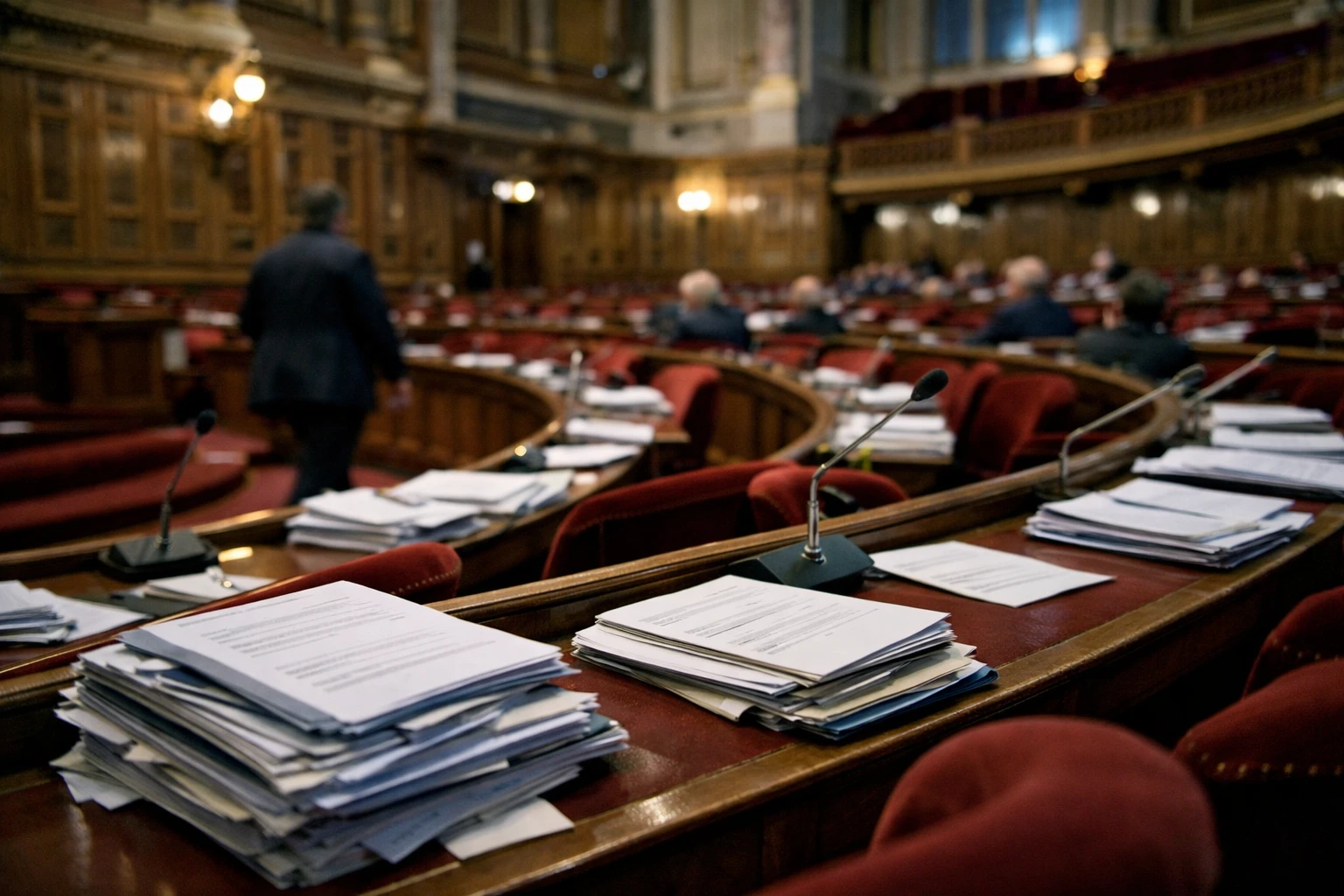 Vue large du Sénat en séance sur la réforme de l’aide à mourir, avec sièges rouges, micros et amendements sur les pupitres.