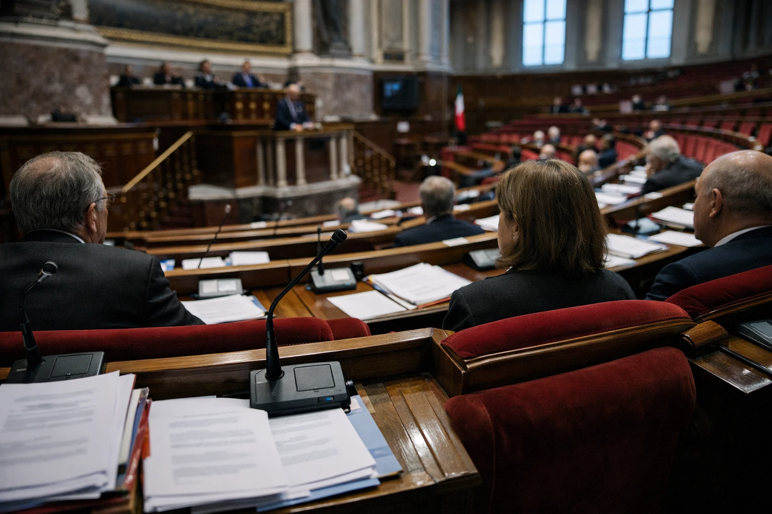Vue oblique du Sénat français pendant le débat sur l’aide à mourir, avec sièges rouges, micros de table et ambiance institutionnelle