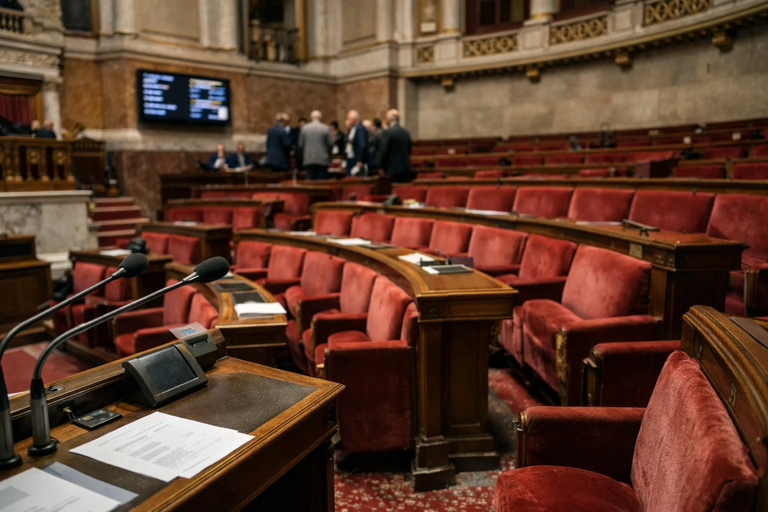 Hémicycle du Sénat en plan large oblique après un vote sur l’aide à mourir, avec sièges rouges et micros de presse.