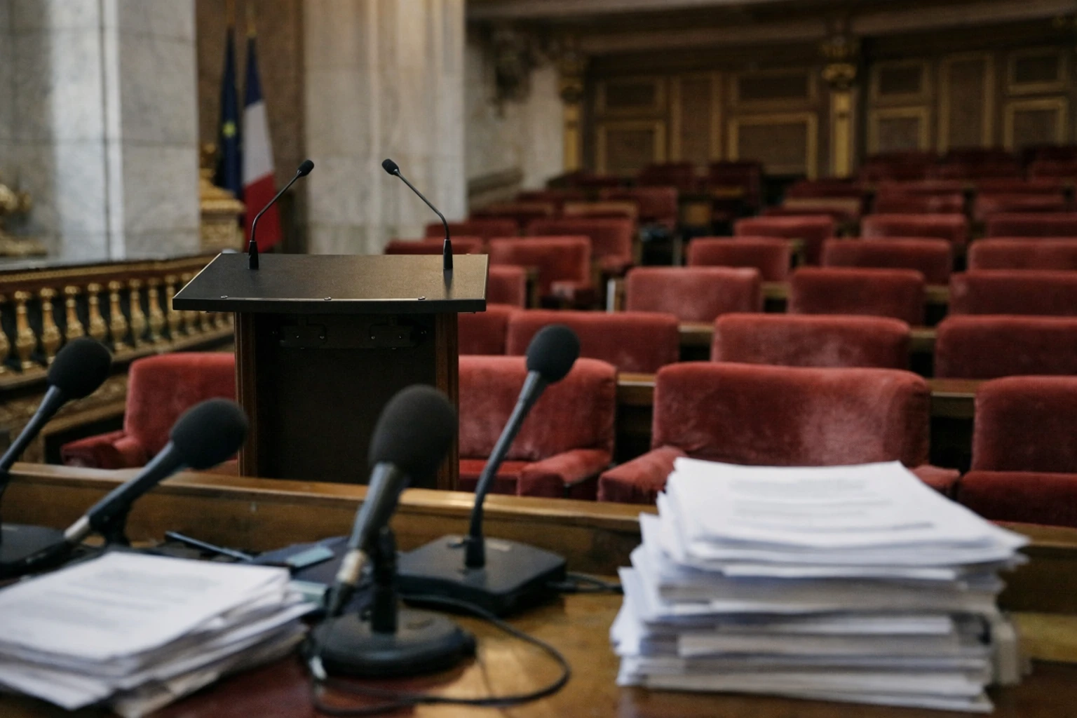 Salle de presse du Sénat vide avec pupitre, micros et rangées de sièges rouges, ambiance institutionnelle