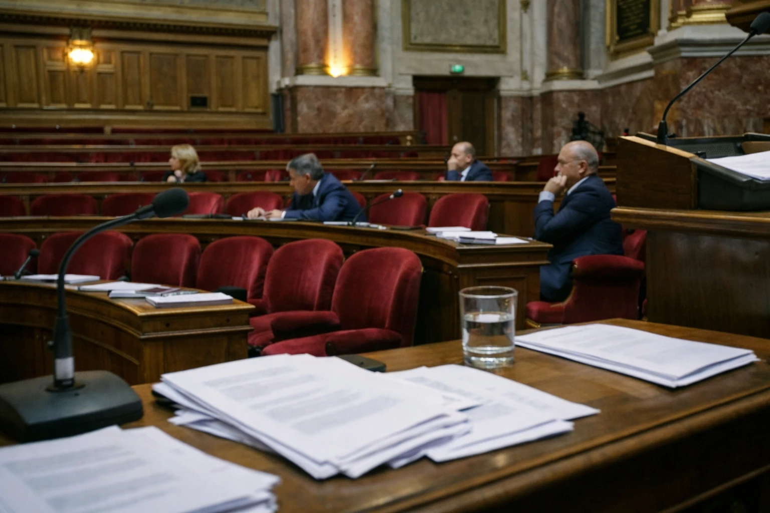 Séance au Sénat avec rangées de velours rouge et micros de pupitre pendant un débat parlementaire.