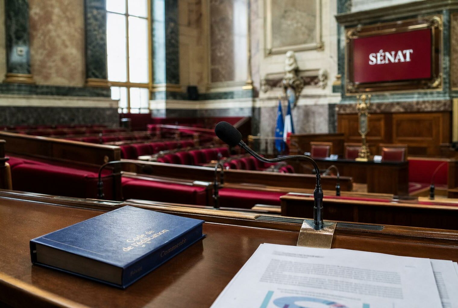 Salle de commission du Sénat avec micros et sièges rouges pour un débat sur l’enseignement supérieur privé
