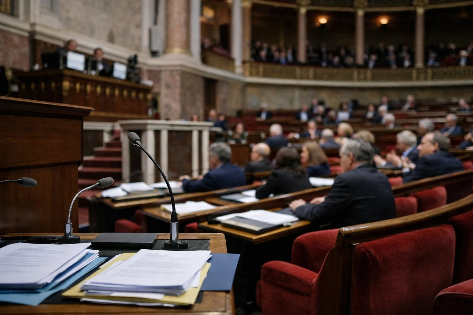 Séance au Sénat sur la réforme de la fin de vie, avec sièges rouges, pupitres et micros en plan large journalistique.