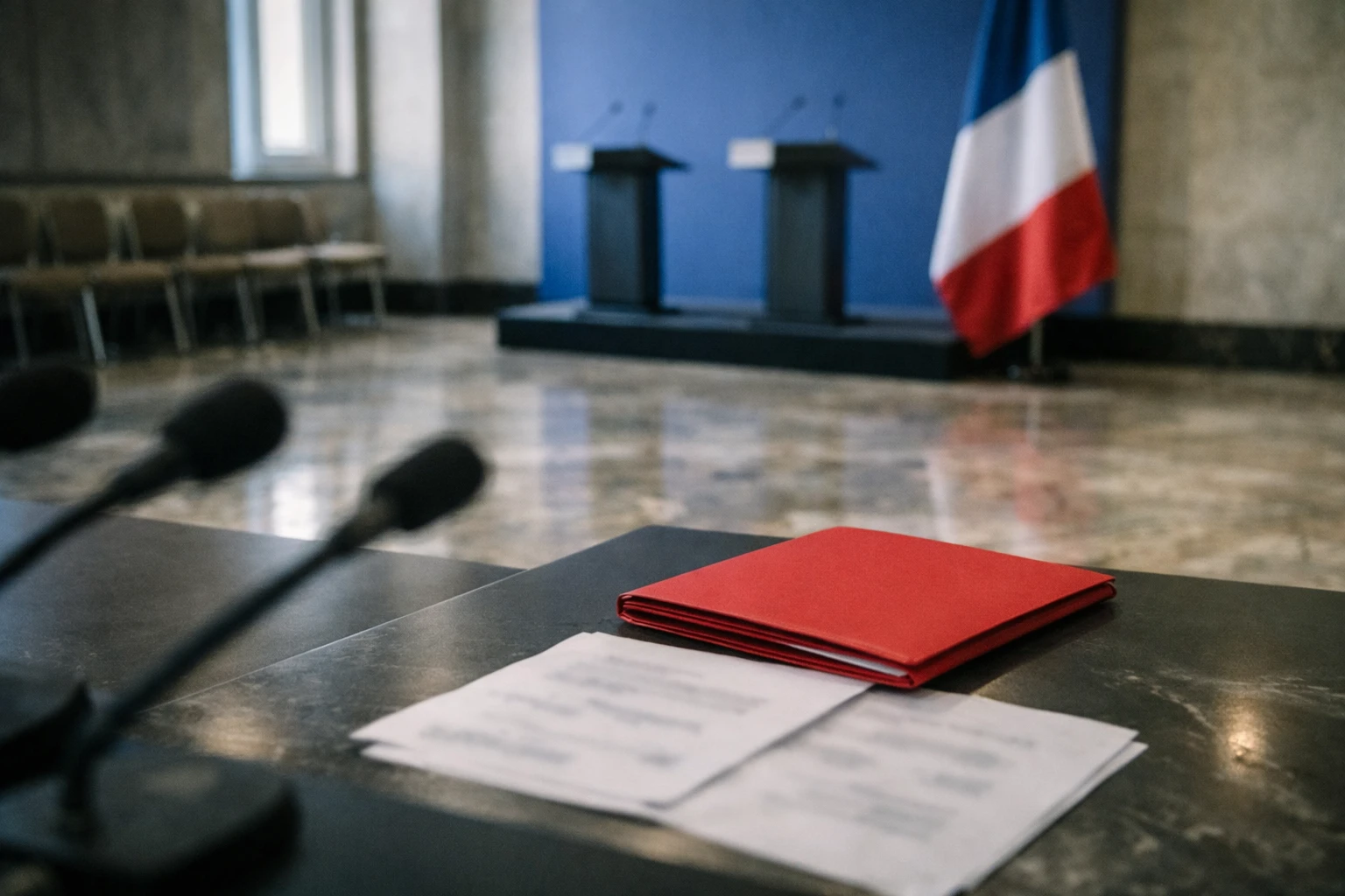 Salle de briefing diplomatique française vide avec micros et dossier fermé pour illustrer les commémorations de Sétif et les relations franco-algériennes.