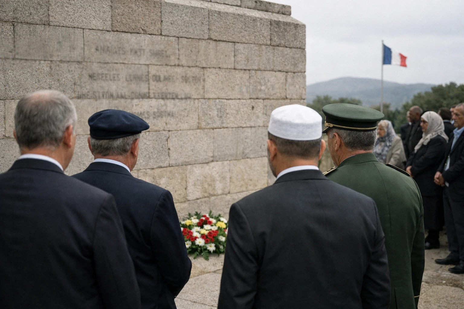 Cérémonie commémorative à Sétif avec officiels anonymes et descendants des victimes, en hommage aux massacres du 8 mai 1945