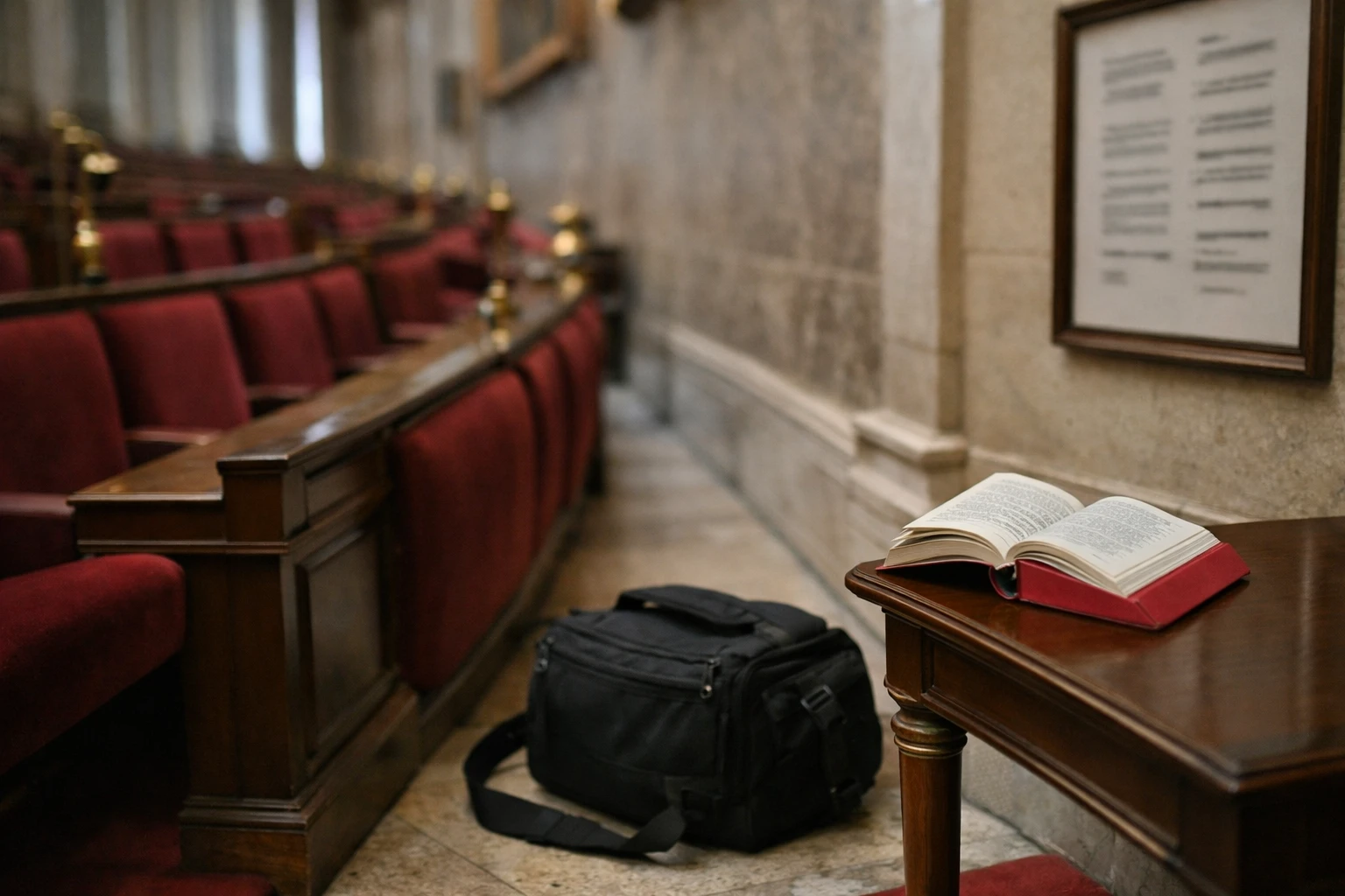 Couloir vide de l’Assemblée nationale avec un code juridique et une ambiance institutionnelle pour illustrer l’analyse de Shooter