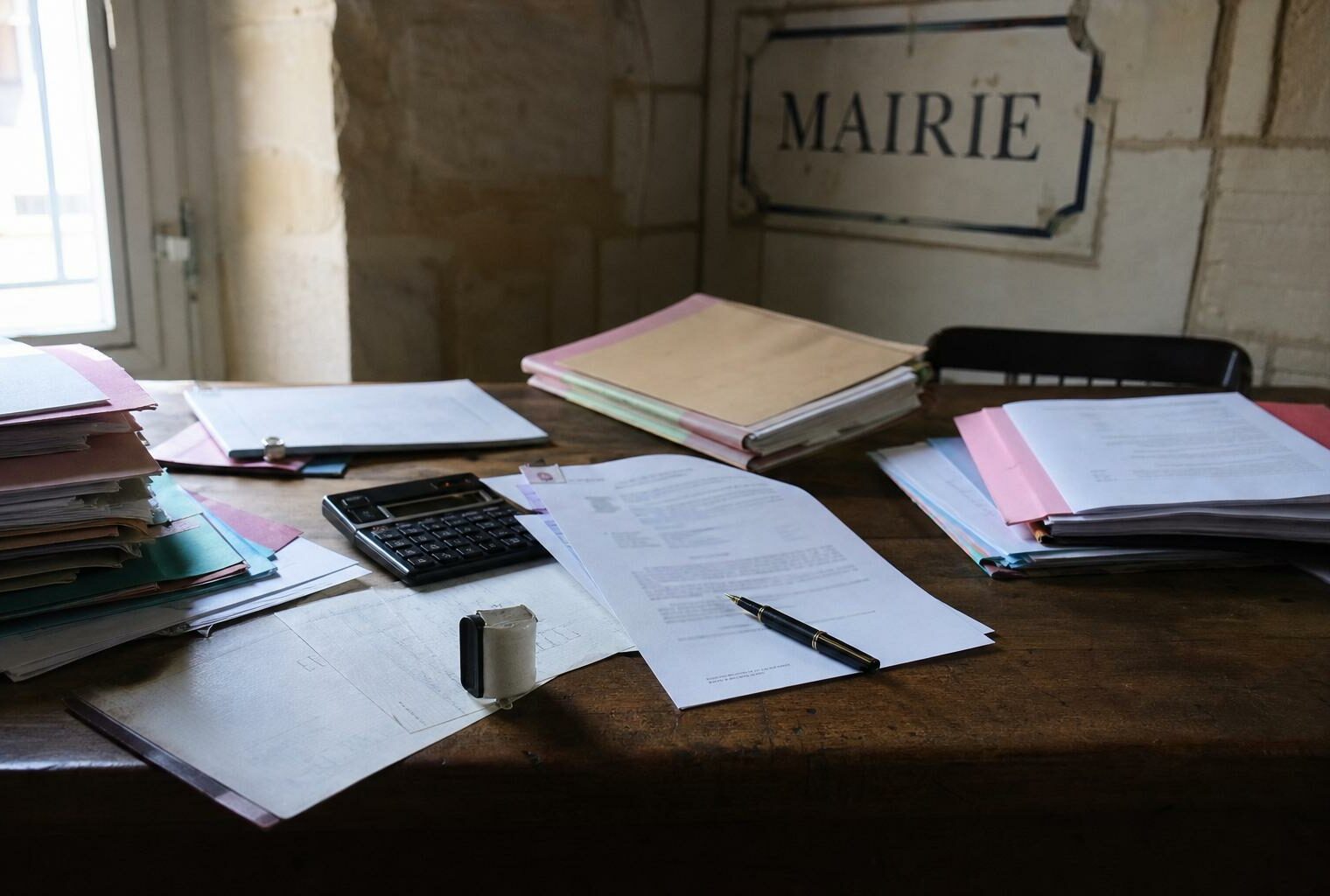 Bureau de mairie avec dossiers administratifs, tampon et plaque MAIRIE floue, illustrant la simplification des normes.