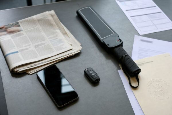 Vue de dessus d’un bureau avec journaux flous, smartphone éteint, détecteur d’examen et document officiel français, dans un style photojournalistique éditorial.