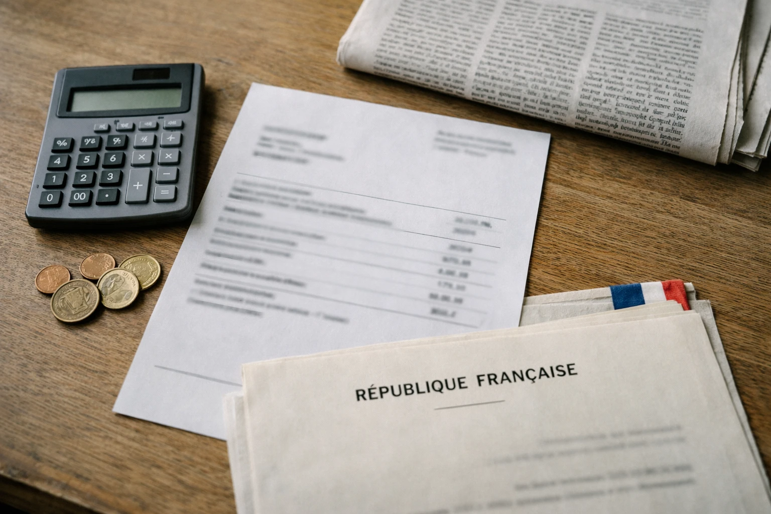 Flat lay photojournalistique d’une facture d’électricité, d’une calculatrice et d’un document officiel français sur un bureau sobre.
