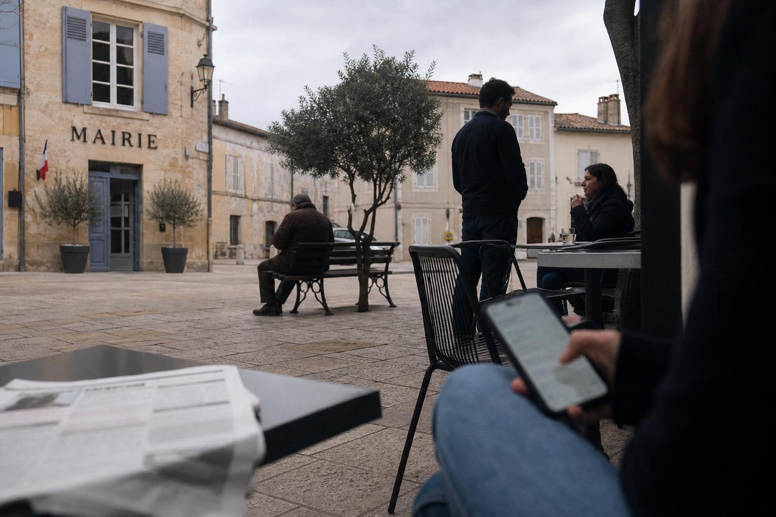 Scène de rue en France avec une mairie en arrière-plan, des passants absorbés par leur smartphone et une ambiance de solitude quotidienne.