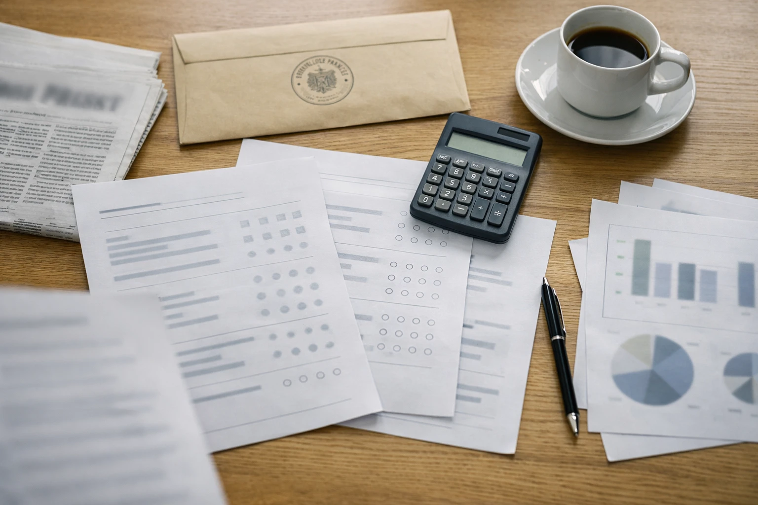 Vue plongeante d’un sondage politique français sur le pouvoir d’achat avec calculatrice, journaux pliés et documents institutionnels flous.