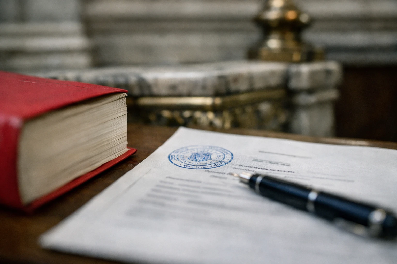Photo de presse du tribunal de Paris avec un code de justice et des documents procéduraux, en ambiance documentaire